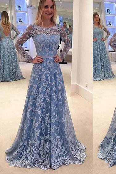 Buy Lace Evening Dress Blue Prom Gowns Modest Prom Dresses For Teens Formal  Online – Rosepromdress