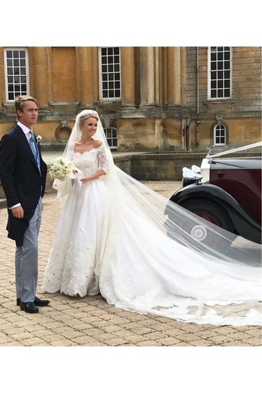 A Line Mid-Sleeves Ivory Satin Wedding Dresses With Cathedral Train Royal Lace Wedding Gowns