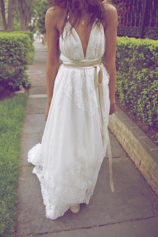 A Line V Neck Beach Wedding Dresses Chiffon Lace Backless Bridal Dresses