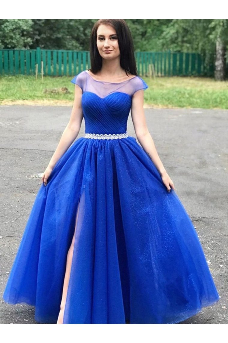 Round Neck Cap Sleeves Prom Dresses Tulle Beading Belt With Slit