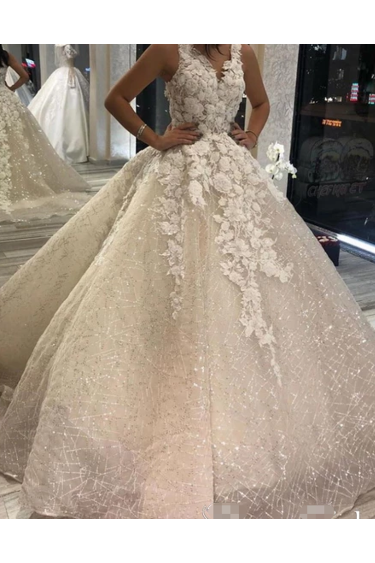 Shimmer Organza Ball Gown Wedding Dress With V Neck And Sequins Decorated