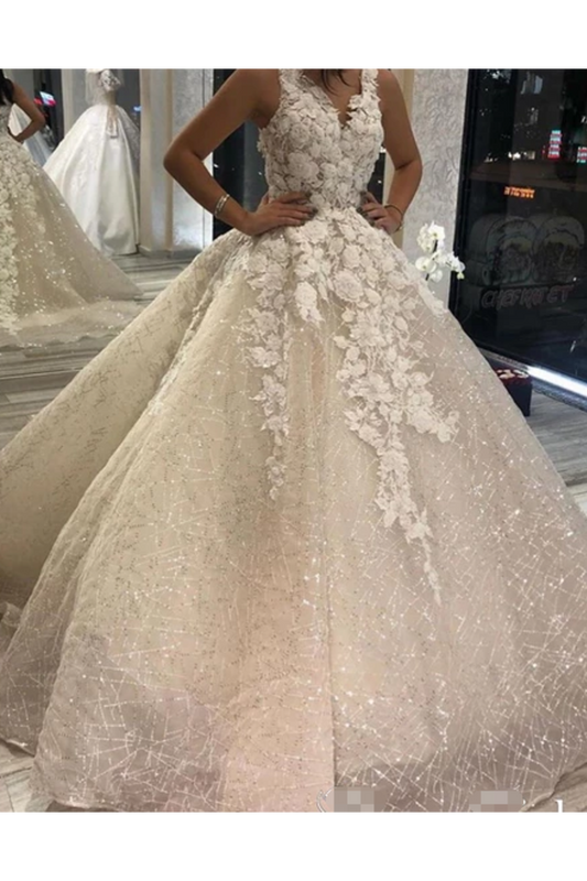 Shimmer Organza Ball Gown Wedding Dress With V Neck And Sequins Decorated