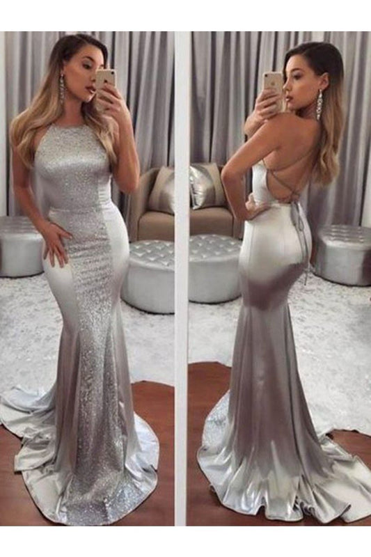 Trumpet/Mermaid Sleeveless Halter Sweep/Brush Train Beading Silk Like Satin Dresses