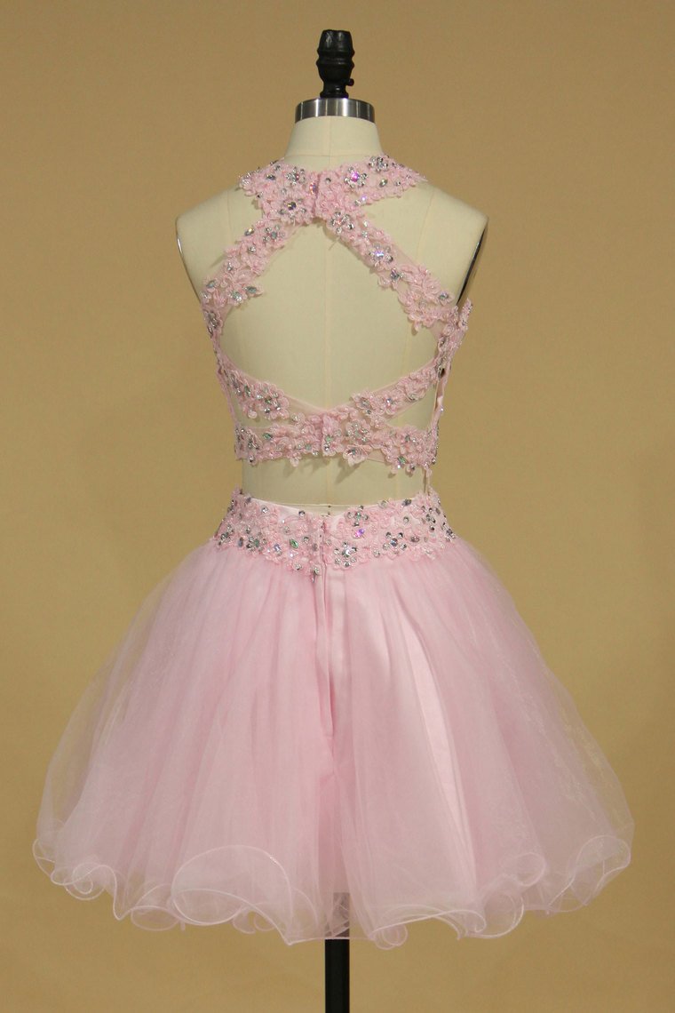 2024 Two-Piece A Line Halter Tulle With Applique Short/Mini Homecoming Dresses