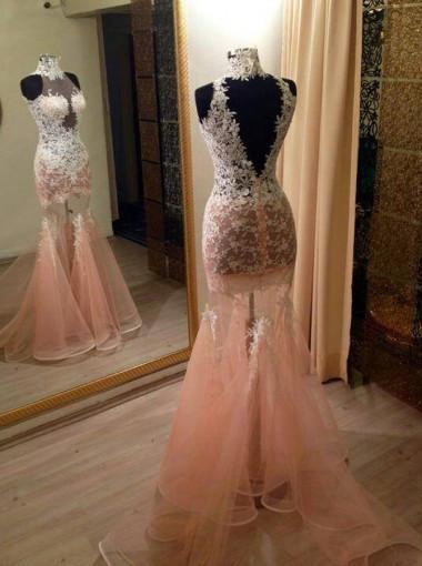 Exclusive High Neck Sweep Train Illusion Mermaid Peach Prom Dress with Lace RS590