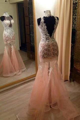 Exclusive High Neck Sweep Train Illusion Mermaid Peach Prom Dress with Lace RS590