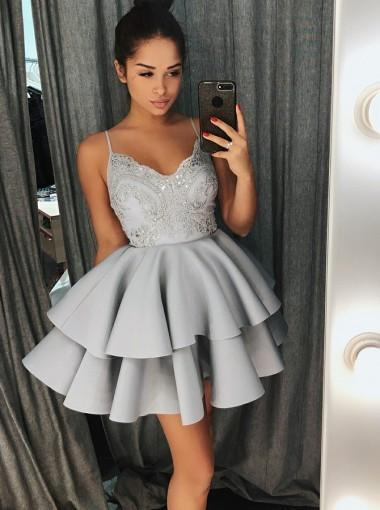 A-Line Spaghetti Straps Sweetheart Grey Satin Homecoming Dress with Lace Beading RS592