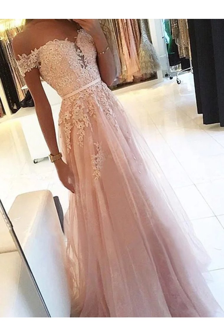 A-Line/Princess Off-The-Shoulder Sleeveless Floor-Length Applique Tulle Dresses