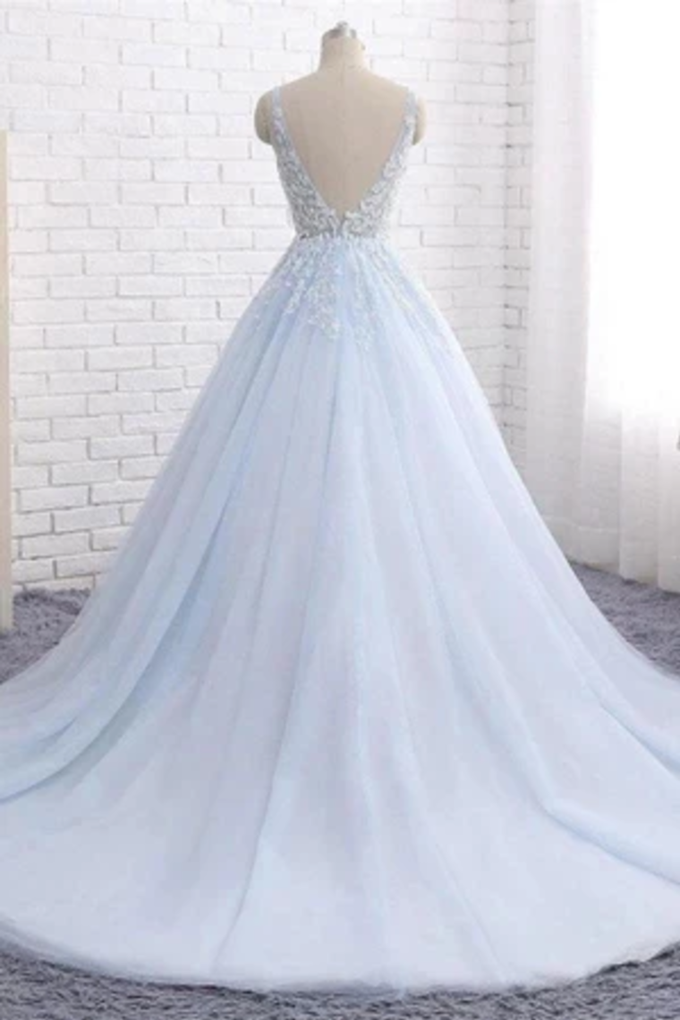 Princess Long Ball Gown Lace Tulle Prom Dresses, V Neck Formal Dresses