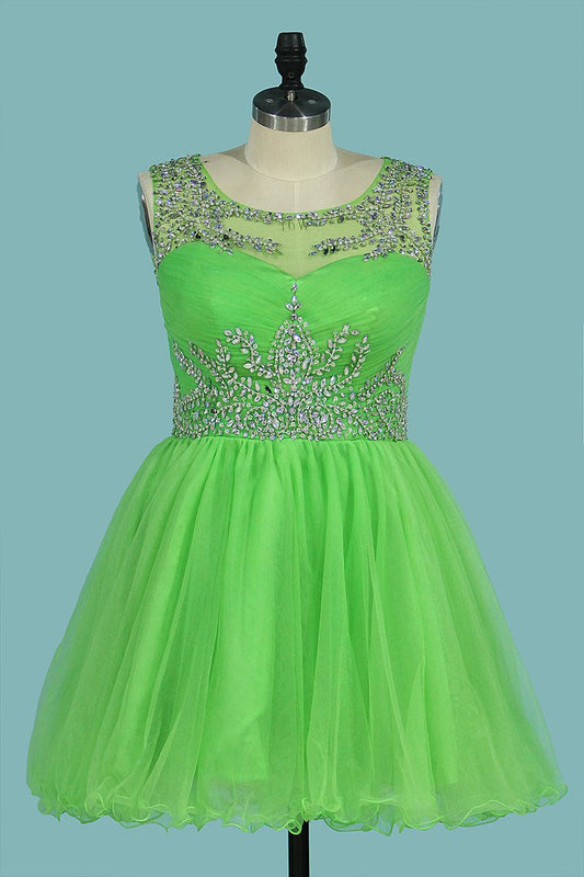 2024 A Line Homecoming Dresses Scoop Beaded Bodice Short/Mini Tulle