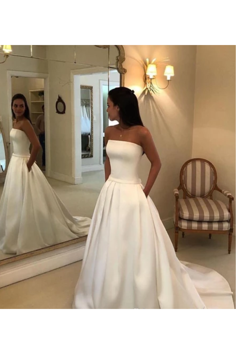 Strapless Simple Ivory Satin A Line Pleated Wedding Dresses With Court Train Bridal Dresses