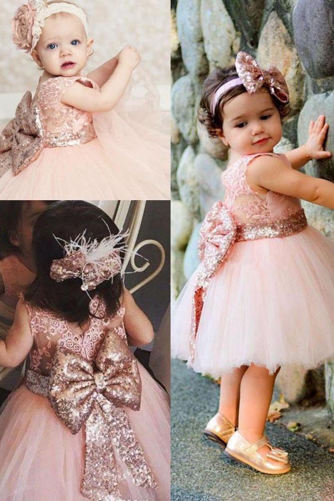 Cute Lace Pink V Back Flower Girl Dress with Bowknot, Round Neck Child Dresses SRS15574