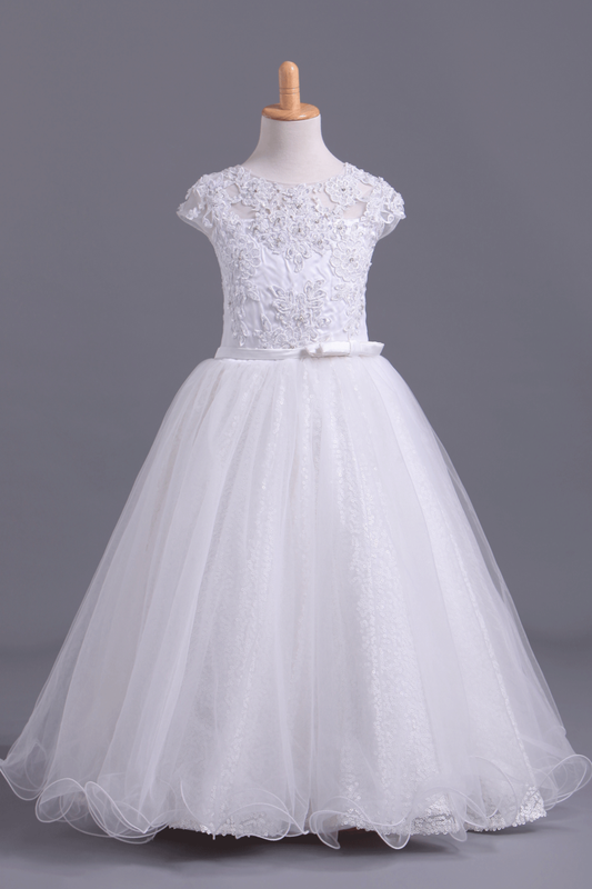 2024 Flower Girl Dresses Short Sleeves Scoop A Line With Applique And Ribbon Tulle