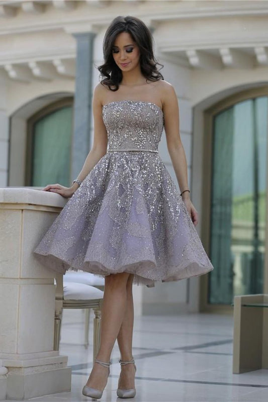 2024 Strapless Homecoming Dresses A Line Lace With Beading Knee Length