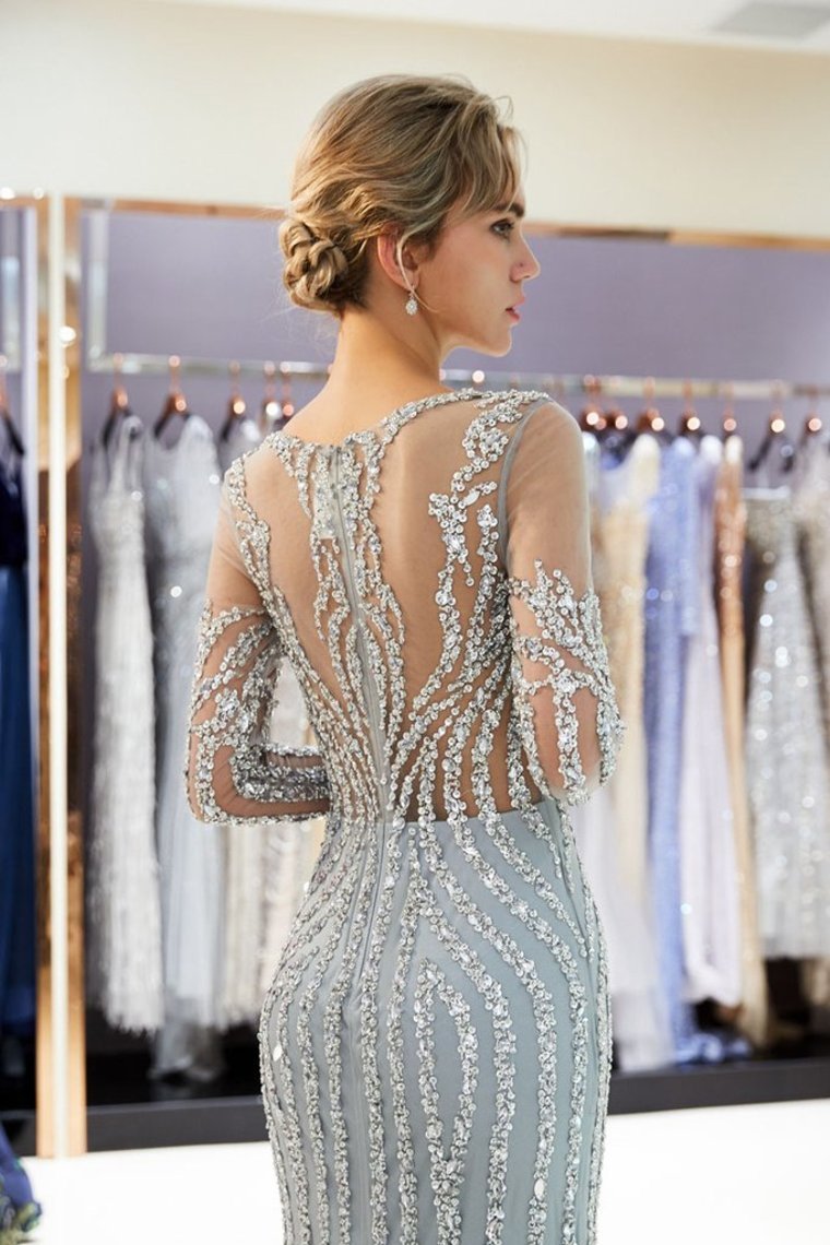 Beaded Evening Dresses Luxury Mermaid Crystal Sweep Train Long Sleeves Prom Dress