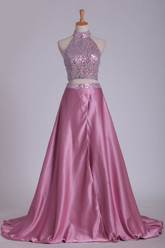 2024 Open Back Two Pieces High Neck Prom Dresses A Line Satin With Beading