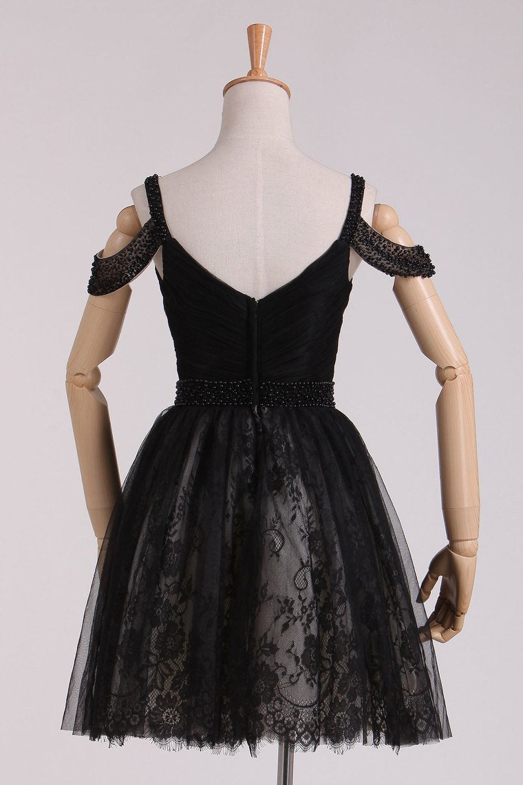 2024 Black Straps A Line Homecoming Dresses Lace With Ruffles & Beads