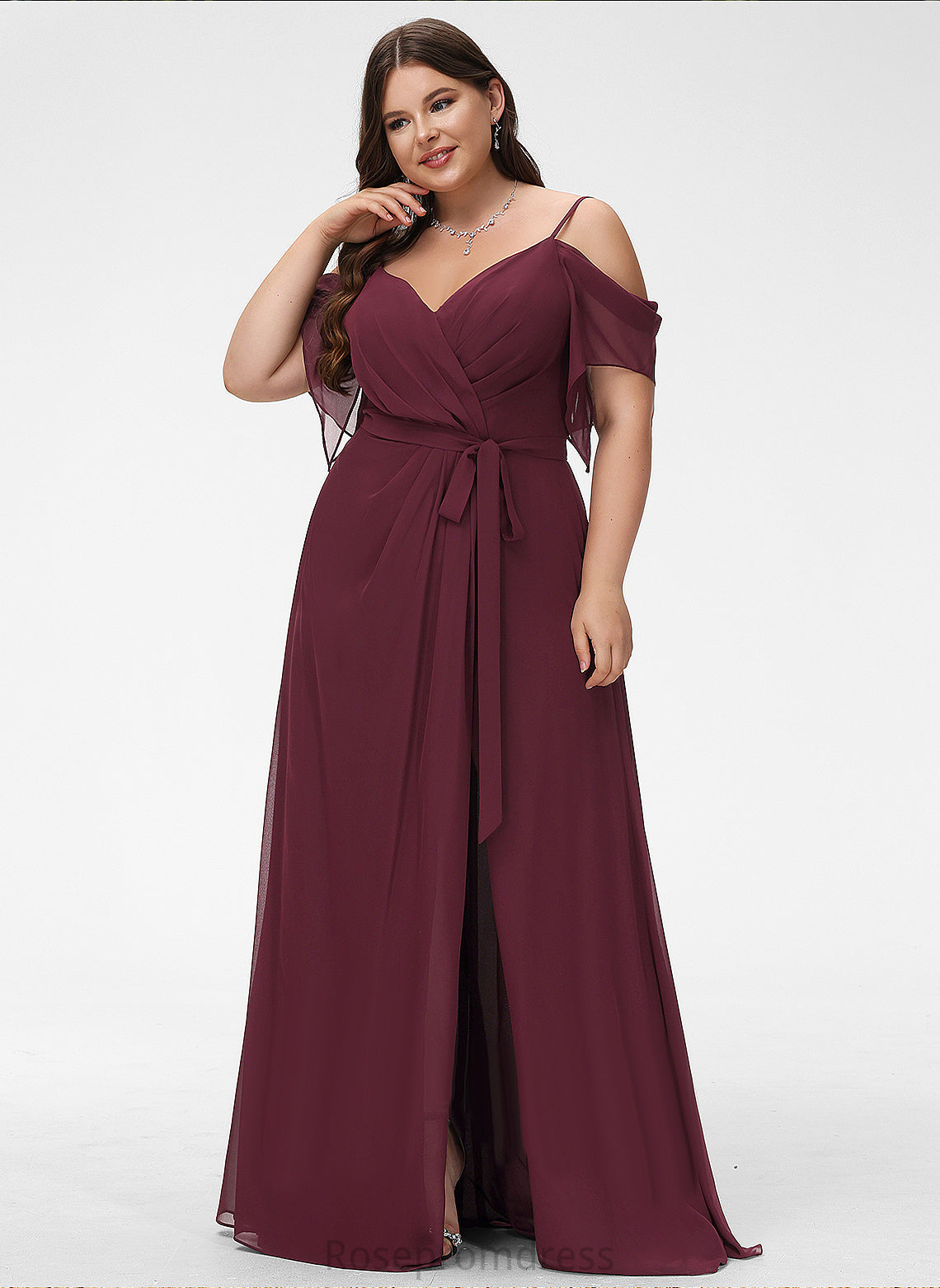 V-neck A-Line SplitFront Embellishment Length Neckline Ruffle Silhouette Sash Fabric Floor-Length Halle Bridesmaid Dresses