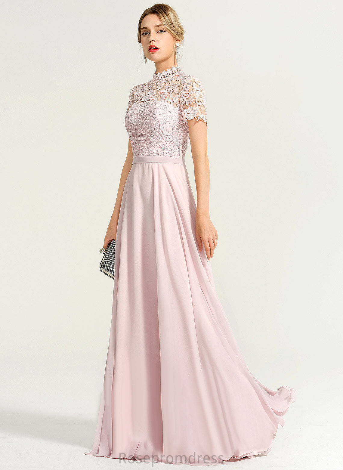 High Chiffon Prom Dresses Illusion Fatima Lace Neck Floor-Length A-Line