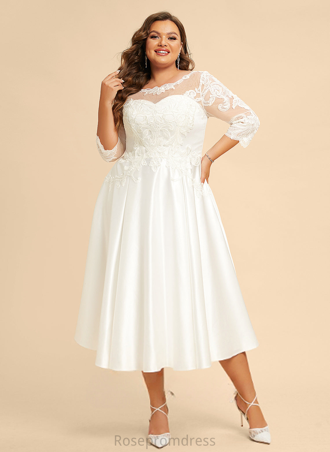 Illusion Satin Tea-Length Wedding A-Line Wedding Dresses Lace Miah Dress