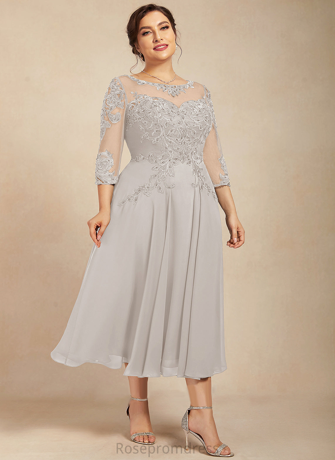 A-Line Tea-Length Dress Cocktail Dresses With Chiffon Cherish Cocktail Neck Scoop Sequins Lace Beading