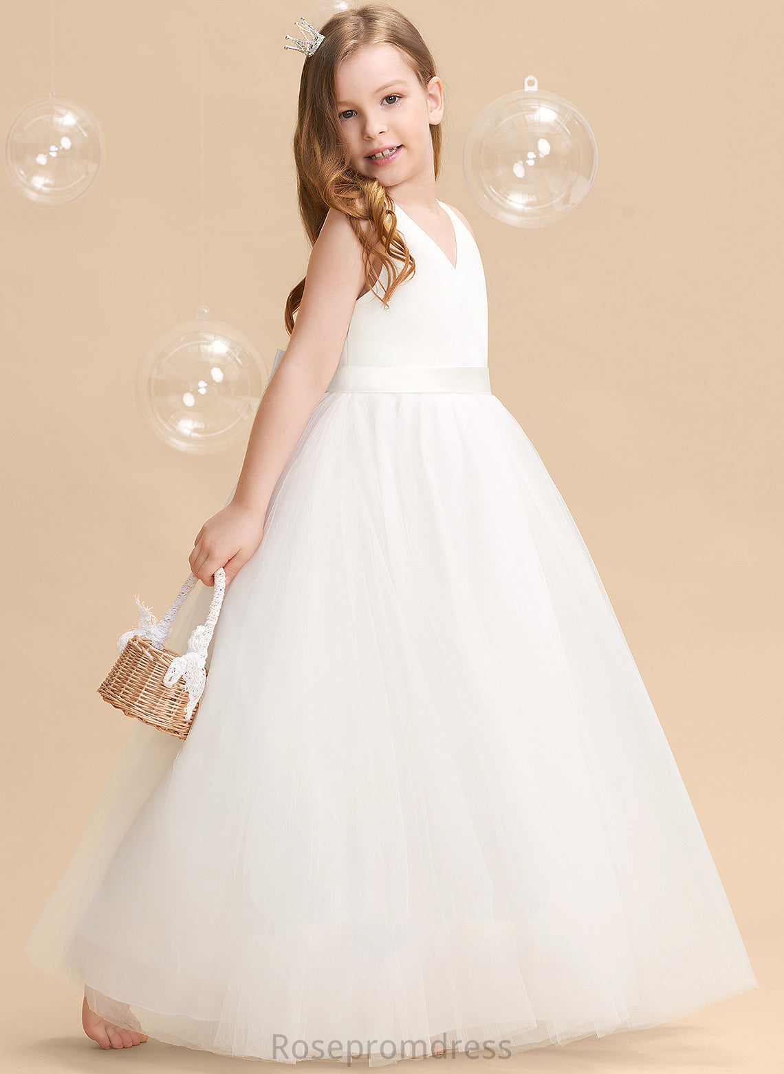 Destiney Sleeveless Ball-Gown/Princess Girl Flower V-neck Back - Floor-length Bow(s)/V Dress Tulle Flower Girl Dresses With