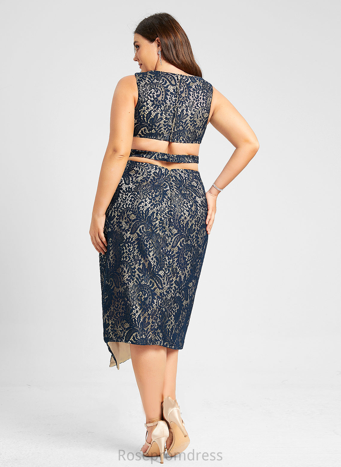 Split Tea-Length Lace Sheath/Column Neck Dress Scoop With Cocktail Dresses Cocktail Martina Front