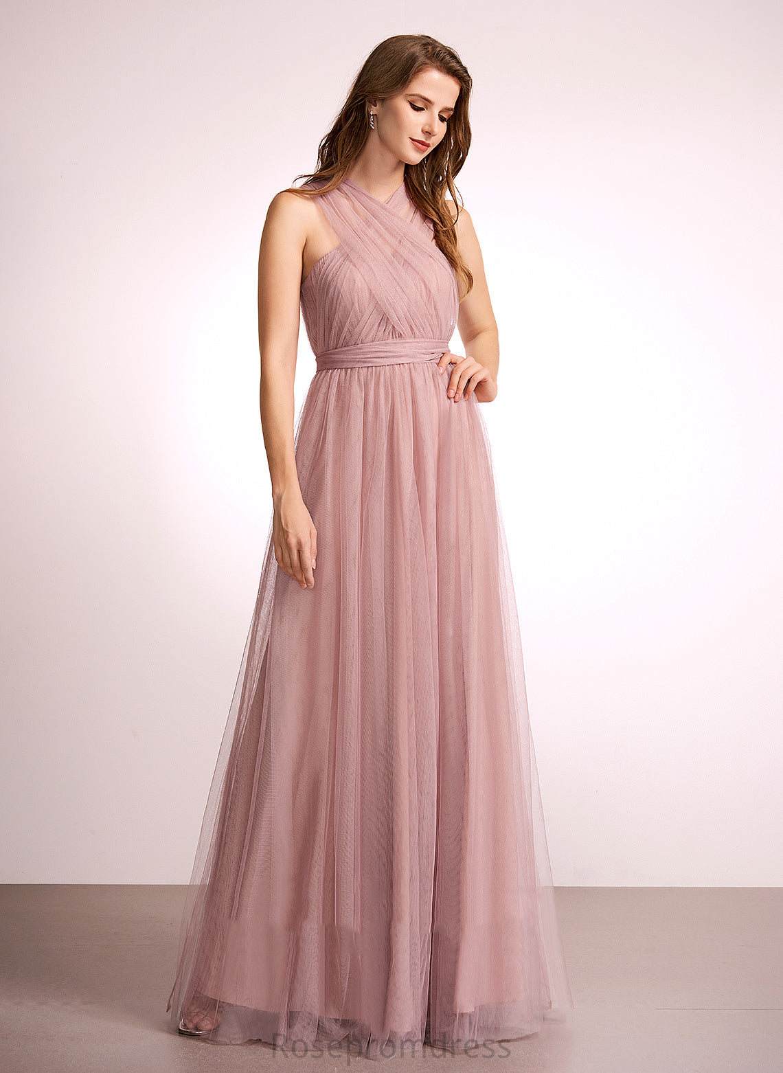 Off-the-Shoulder One-Shoulder A-Line Length Floor-Length Silhouette V-neck Fabric Neckline Straps Tulle Abby Bridesmaid Dresses