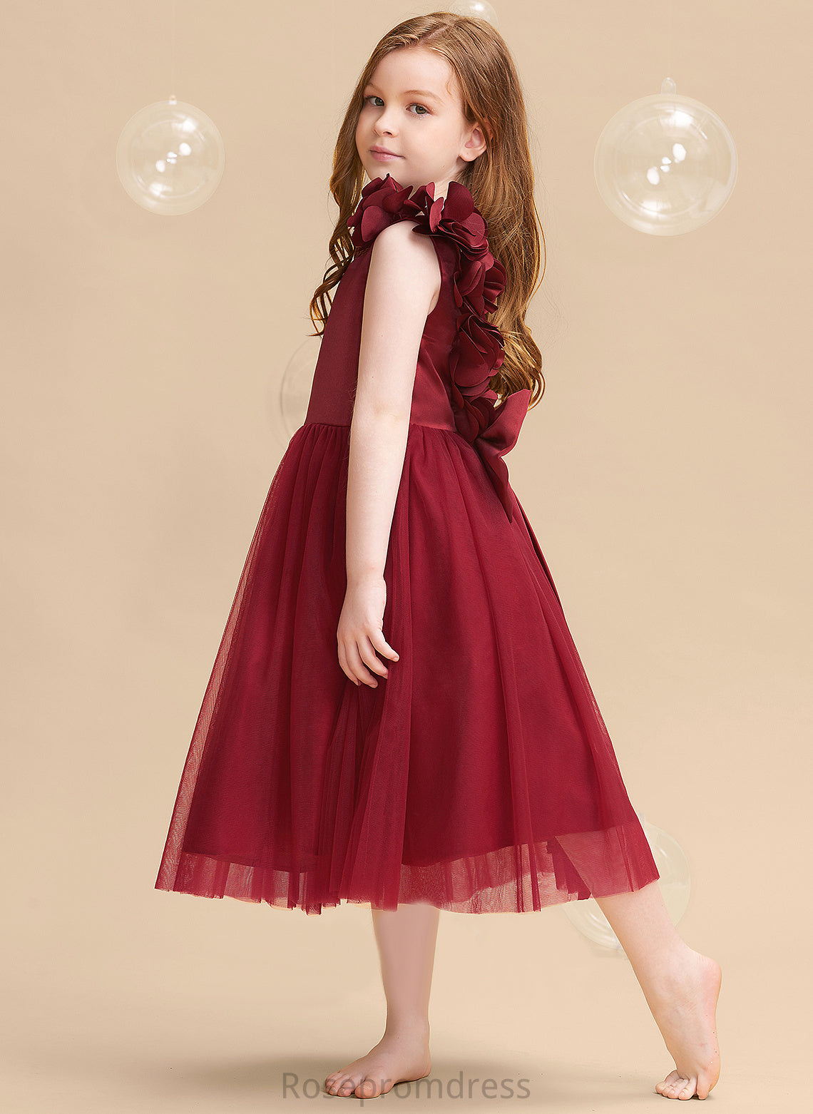 Sleeveless Sally A-Line Flower With Flower Girl Dresses Girl - Tea-length V-neck Flower(s)/Bow(s) Dress Satin/Tulle