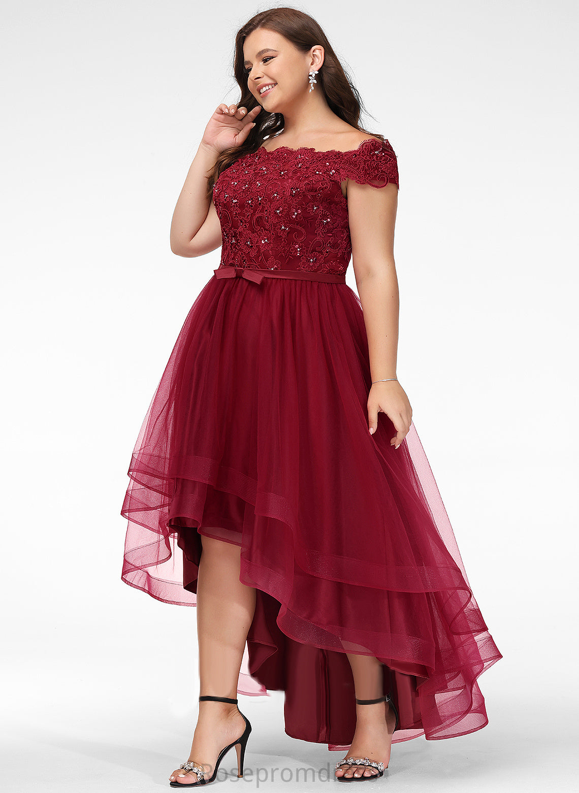 Cocktail Dresses Beading Dress Lace Bow(s) With Tulle A-Line Lace Jessie Off-the-Shoulder Asymmetrical Cocktail