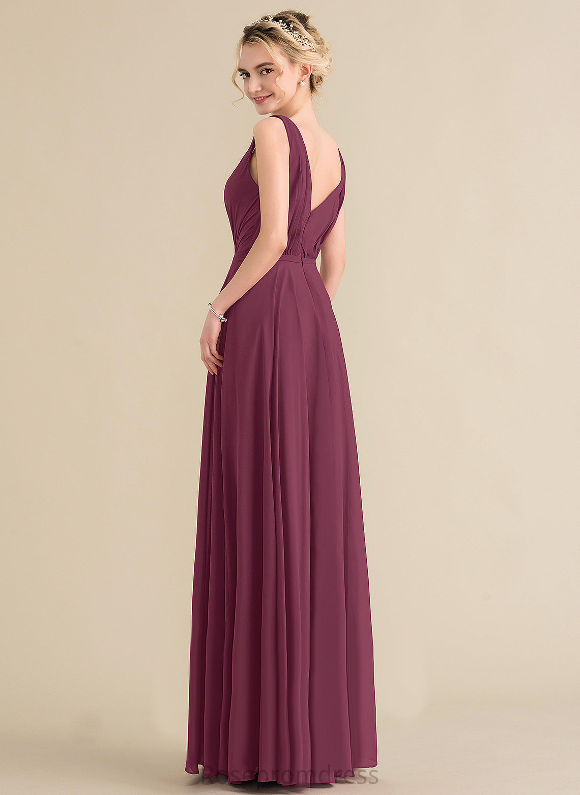 A-Line Floor-Length Pleated Chiffon Prom Dresses V-neck With Violet