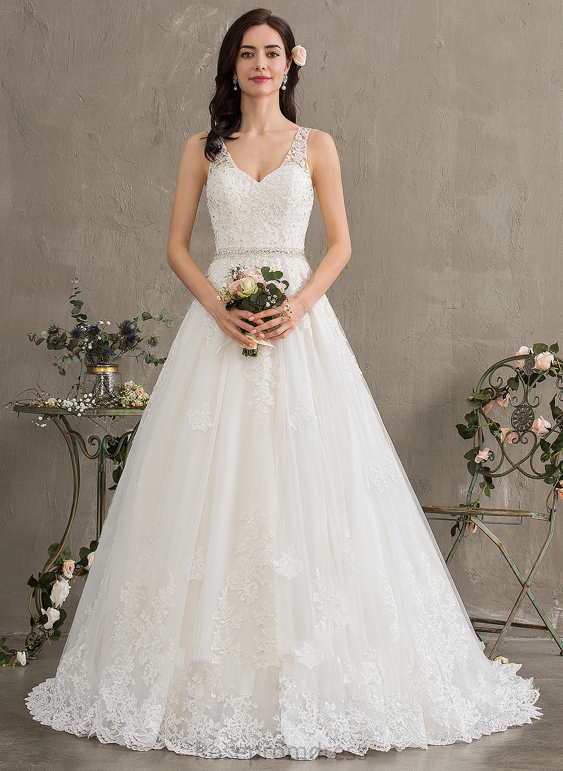 Wedding Dresses V-neck Court Beading Kenna Train With Sequins Ball-Gown/Princess Wedding Lace Dress Tulle