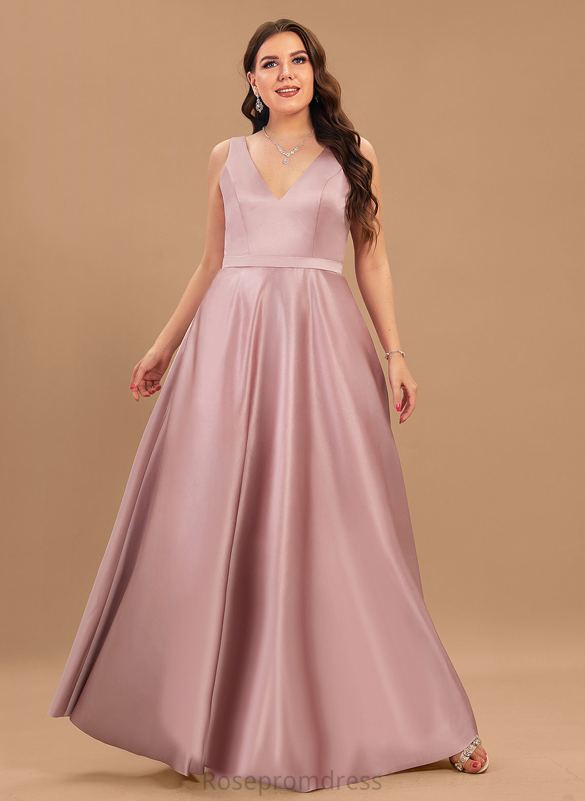 Straps&Sleeves Fabric V-neck Silhouette Floor-Length A-Line Length Neckline Satin Mira Bridesmaid Dresses