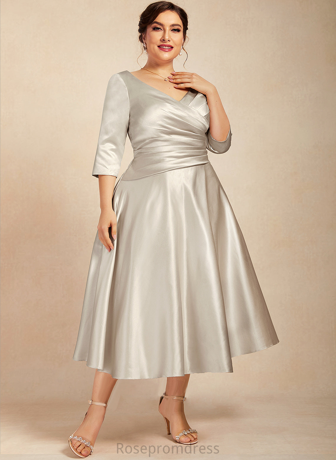 Satin Jocelyn Mother of the Bride Dresses V-neck Dress the Mother Bride Ruffle of A-Line Tea-Length With