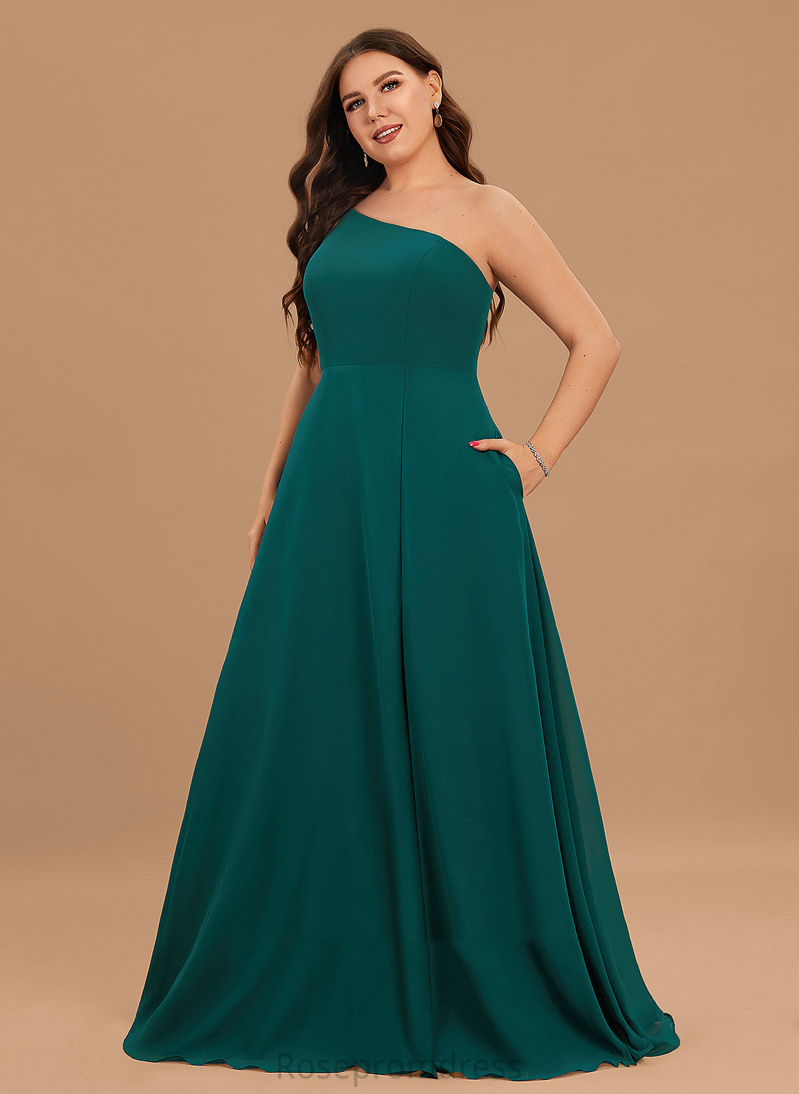 Neckline SplitFront Embellishment One-Shoulder Length A-Line Fabric Silhouette Floor-Length Pockets Amina Bridesmaid Dresses