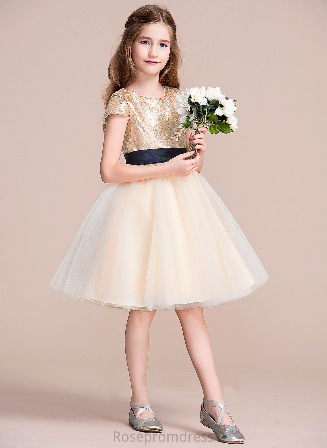 Scoop - Tulle/Sequined With Sash Dress Winifred Girl Neck Sleeveless Flower Knee-length A-Line Flower Girl Dresses