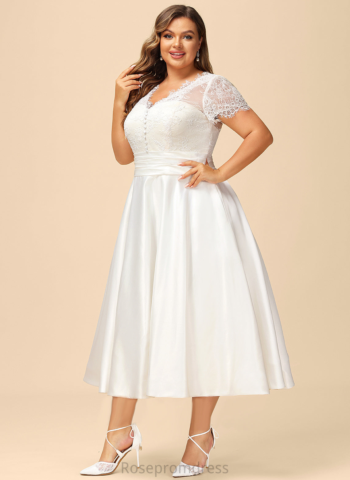 Ruffle A-Line Tea-Length Wedding Dresses Dress With Satin Wedding V-neck Lace Annalise