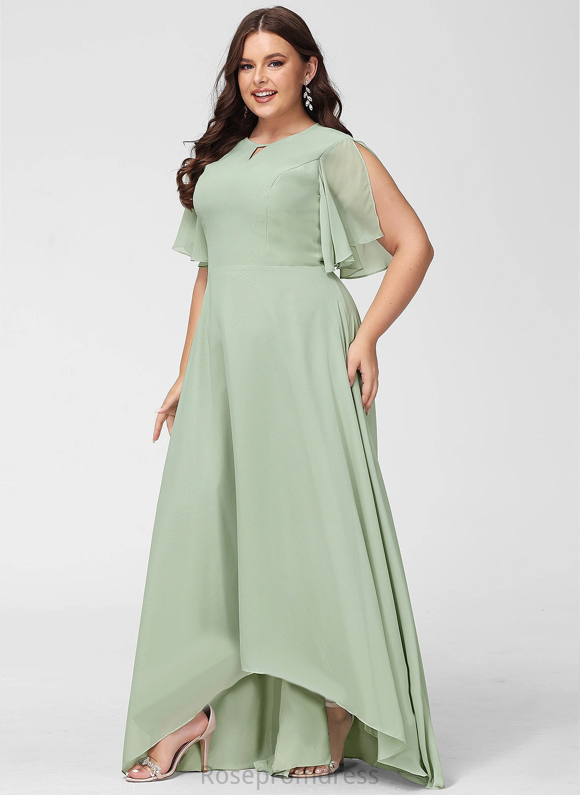 A-line Silhouette Straps&Sleeves Length Fabric BackStyle ShortSleeves Asymmetrical Viviana Bridesmaid Dresses