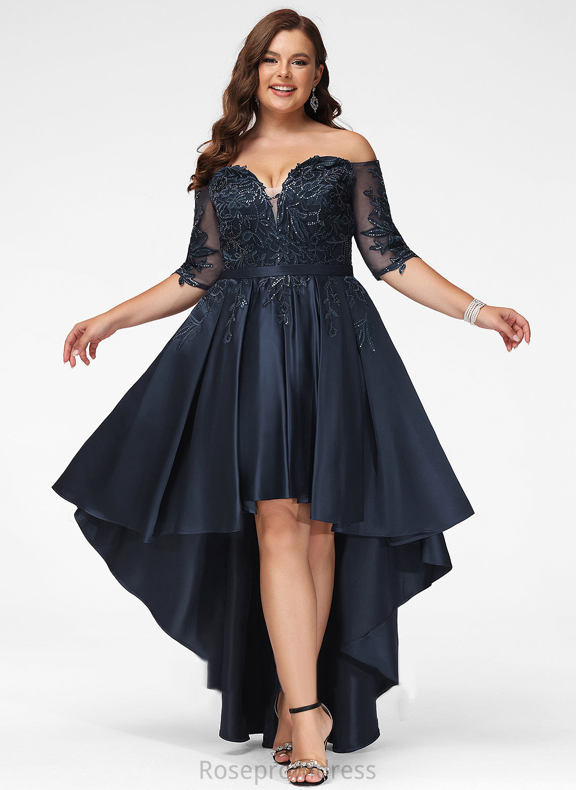 Asymmetrical With Khloe A-Line Sequins Prom Dresses Off-the-Shoulder Lace Satin