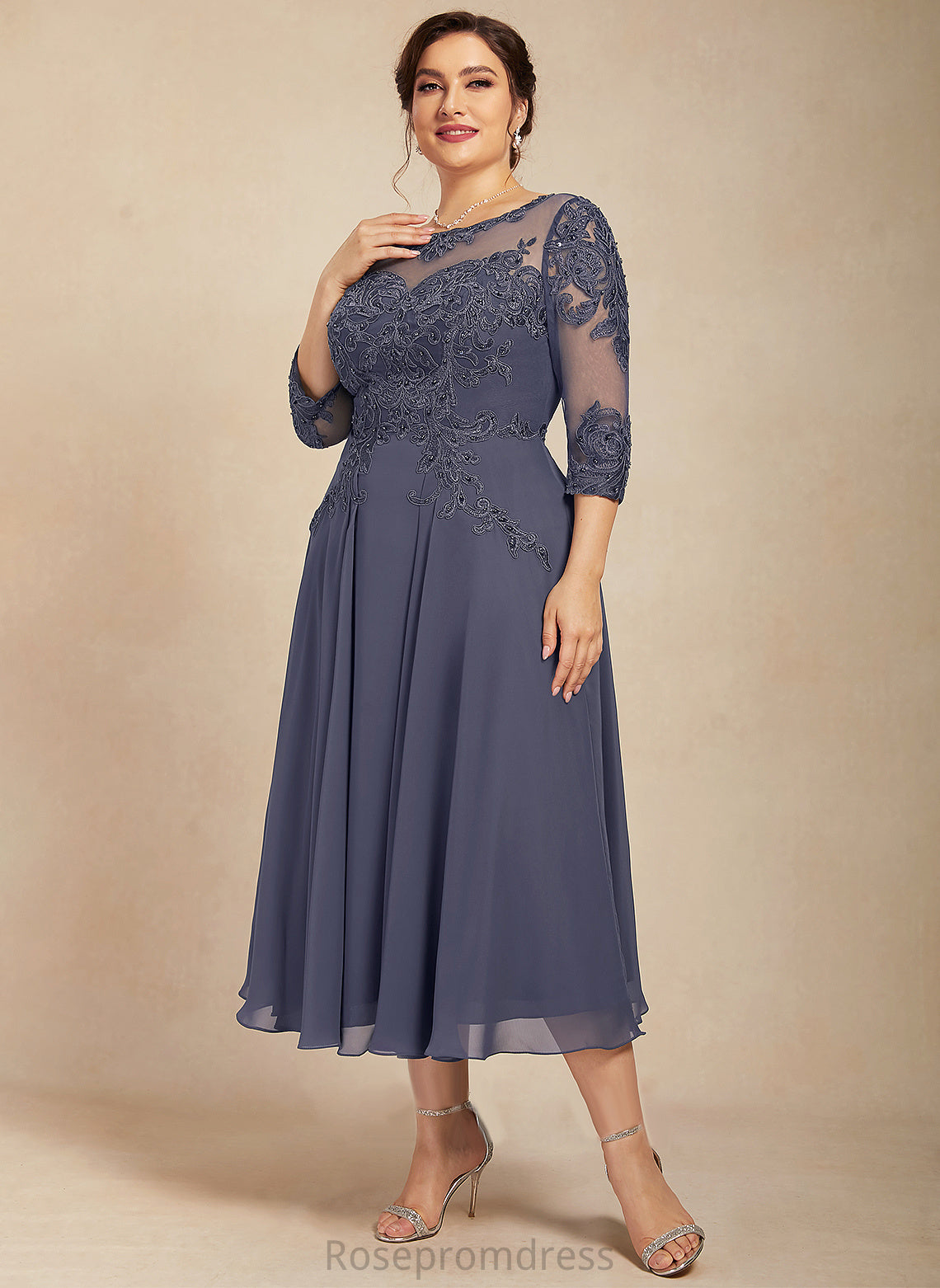 the Sequins Tea-Length Beading Mother Dress Lace Neck With A-Line of Mother of the Bride Dresses Annika Chiffon Bride Scoop