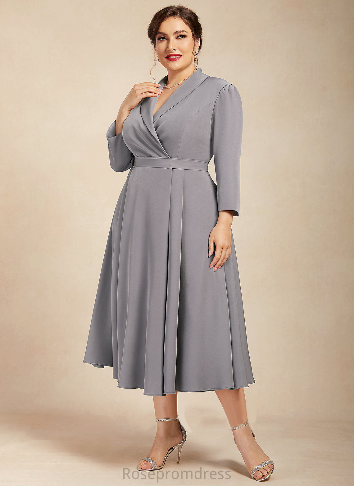 Amirah A-Line Mother of the Bride Dresses of Stretch Tea-Length Crepe the Bride V-neck Mother Dress