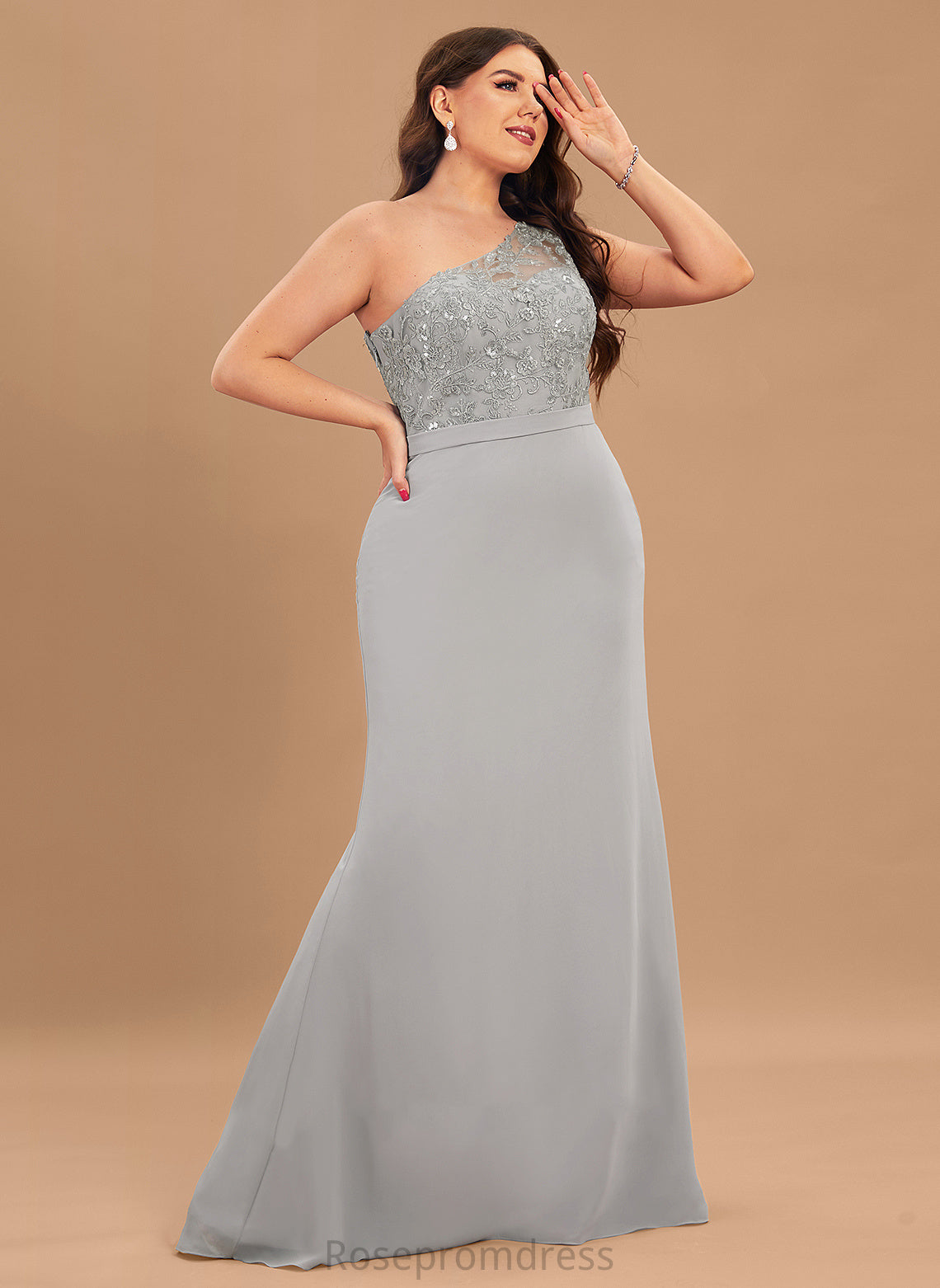 Silhouette SweepTrain One-Shoulder Trumpet/Mermaid Length Straps Neckline Fabric Lace Gloria Floor Length Stretch Satin Bridesmaid Dresses