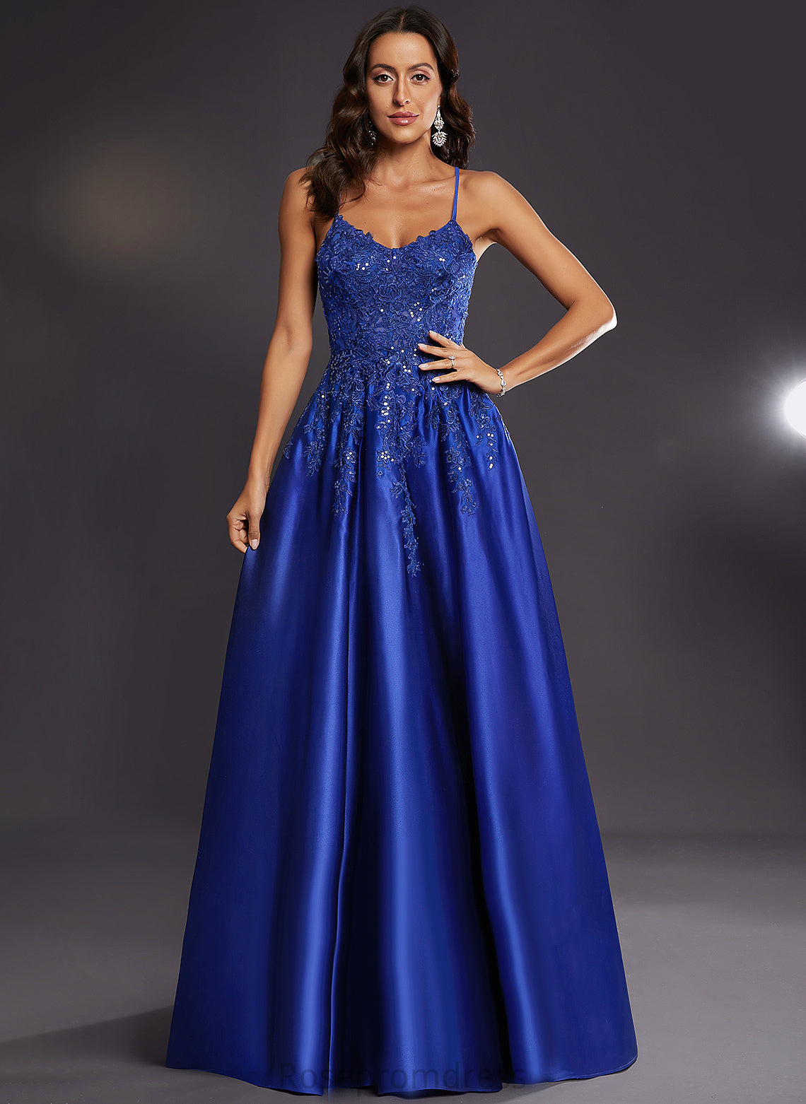 Floor-Length V-neck Prom Dresses Estrella Satin With Sequins A-Line