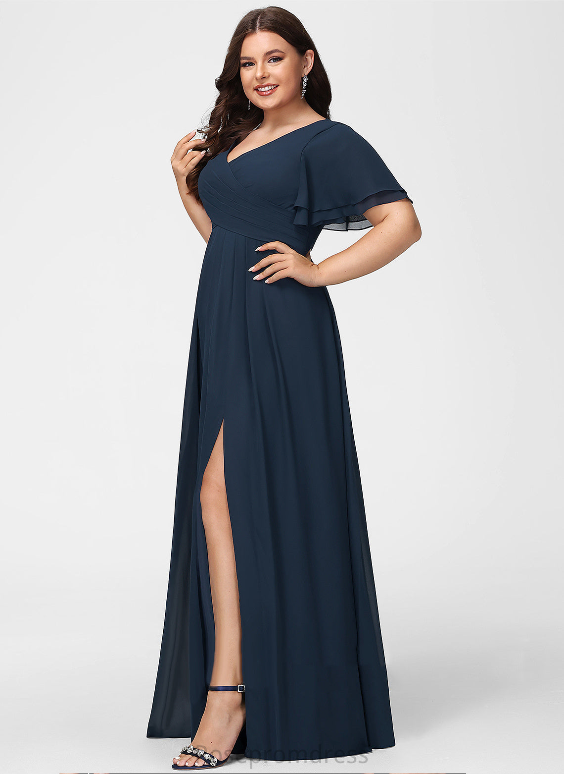 A-Line V-neck SplitFront Fabric Neckline Silhouette Embellishment Floor-Length Length Sara Floor Length Spaghetti Staps Bridesmaid Dresses