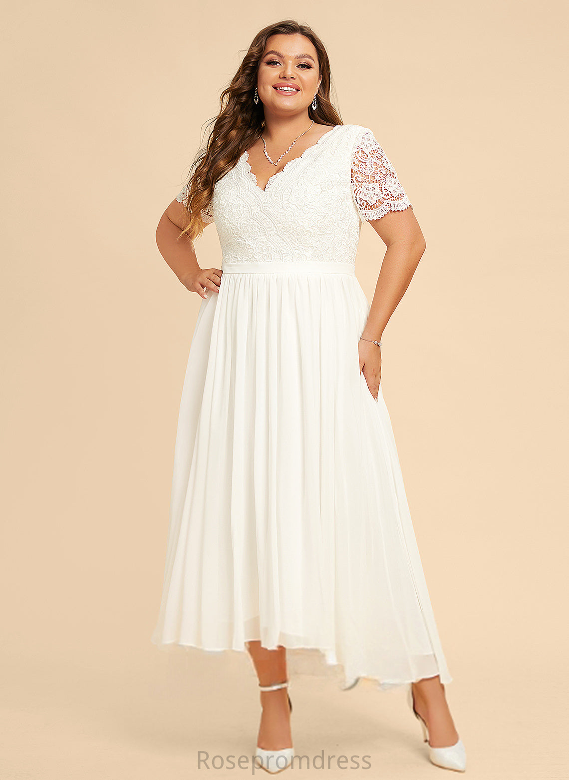 Wedding Dress Luz Lace A-Line Asymmetrical V-neck Chiffon Wedding Dresses