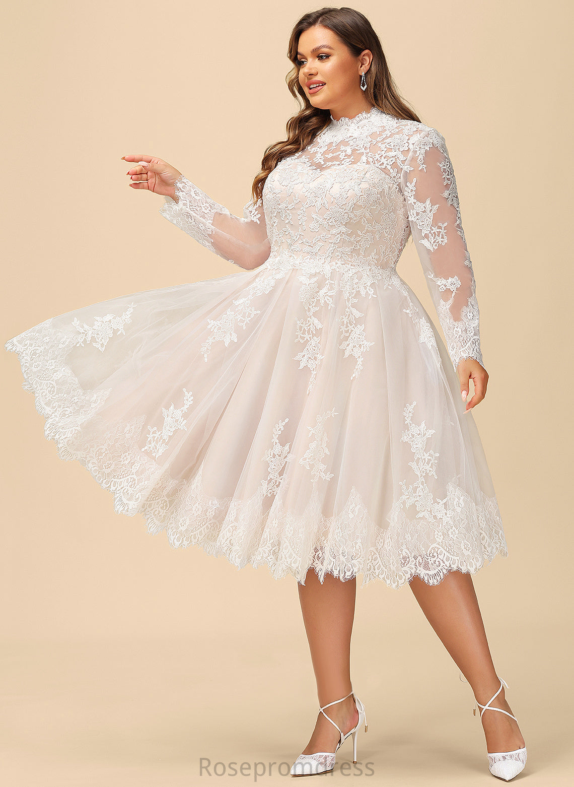 Caroline Lace Wedding Dresses Tulle Knee-Length Illusion Dress A-Line Wedding