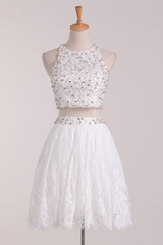 2024 White Homecoming Dresses Scoop Lace Two Pieces