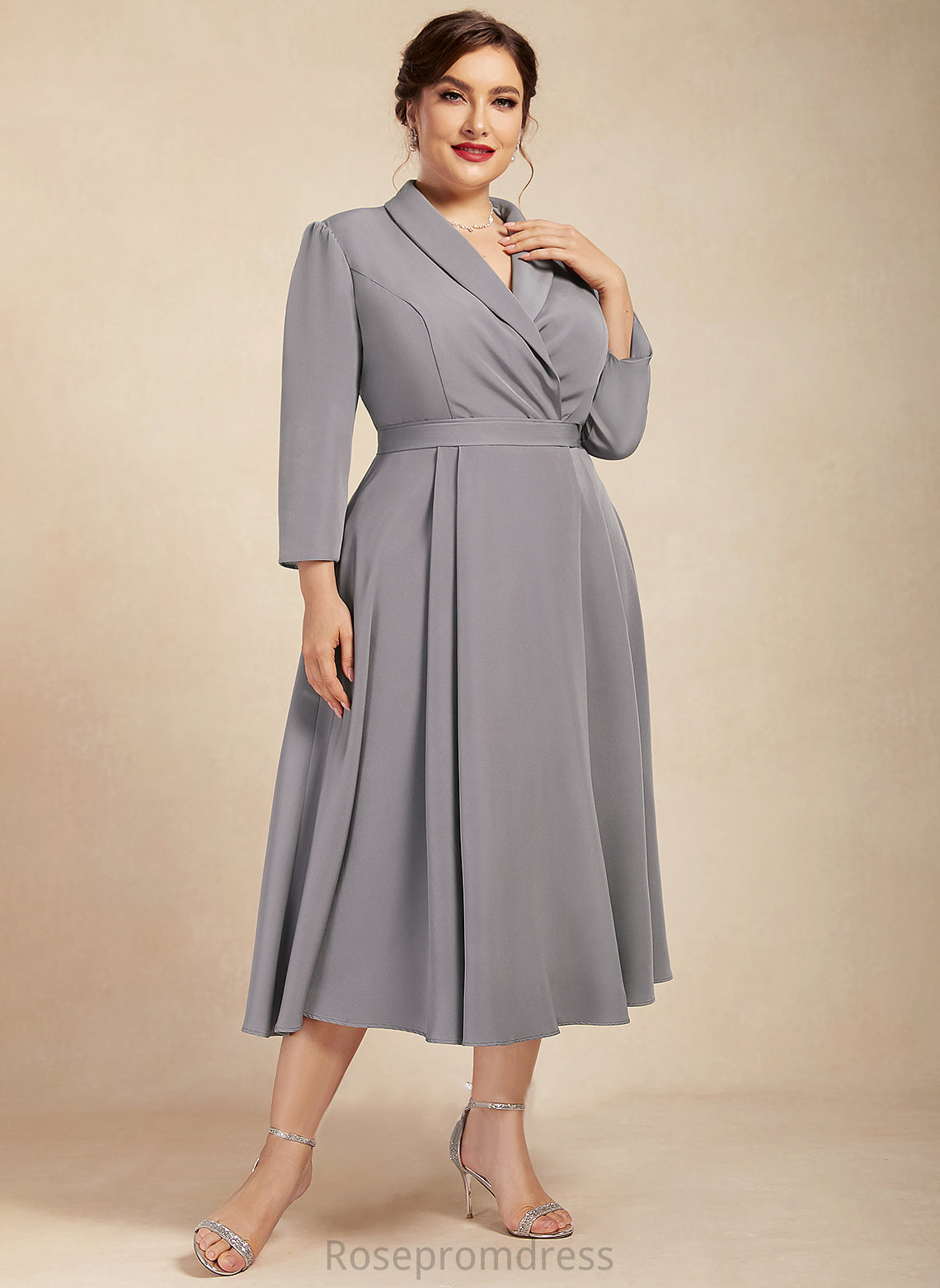 Amirah A-Line Mother of the Bride Dresses of Stretch Tea-Length Crepe the Bride V-neck Mother Dress