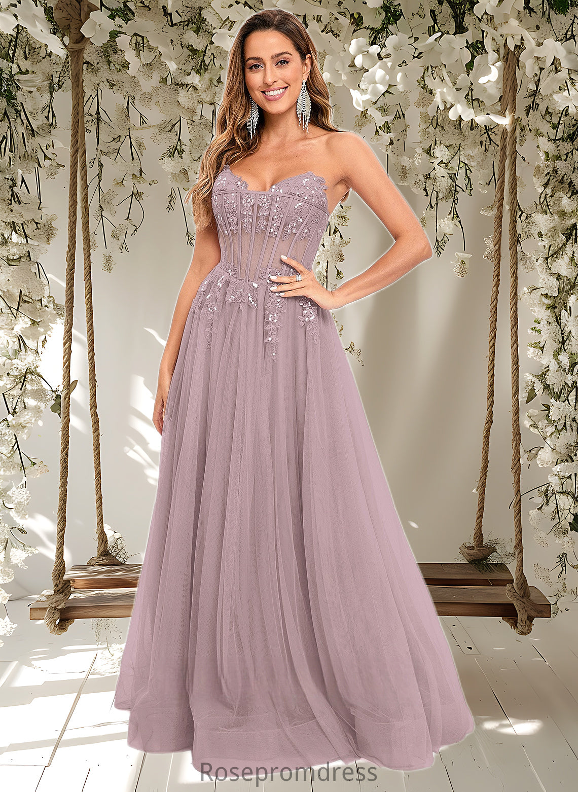 Camila Ball-Gown/Princess V-Neck Floor-Length Tulle Prom Dresses With Sequins Appliques Lace DSP0025837