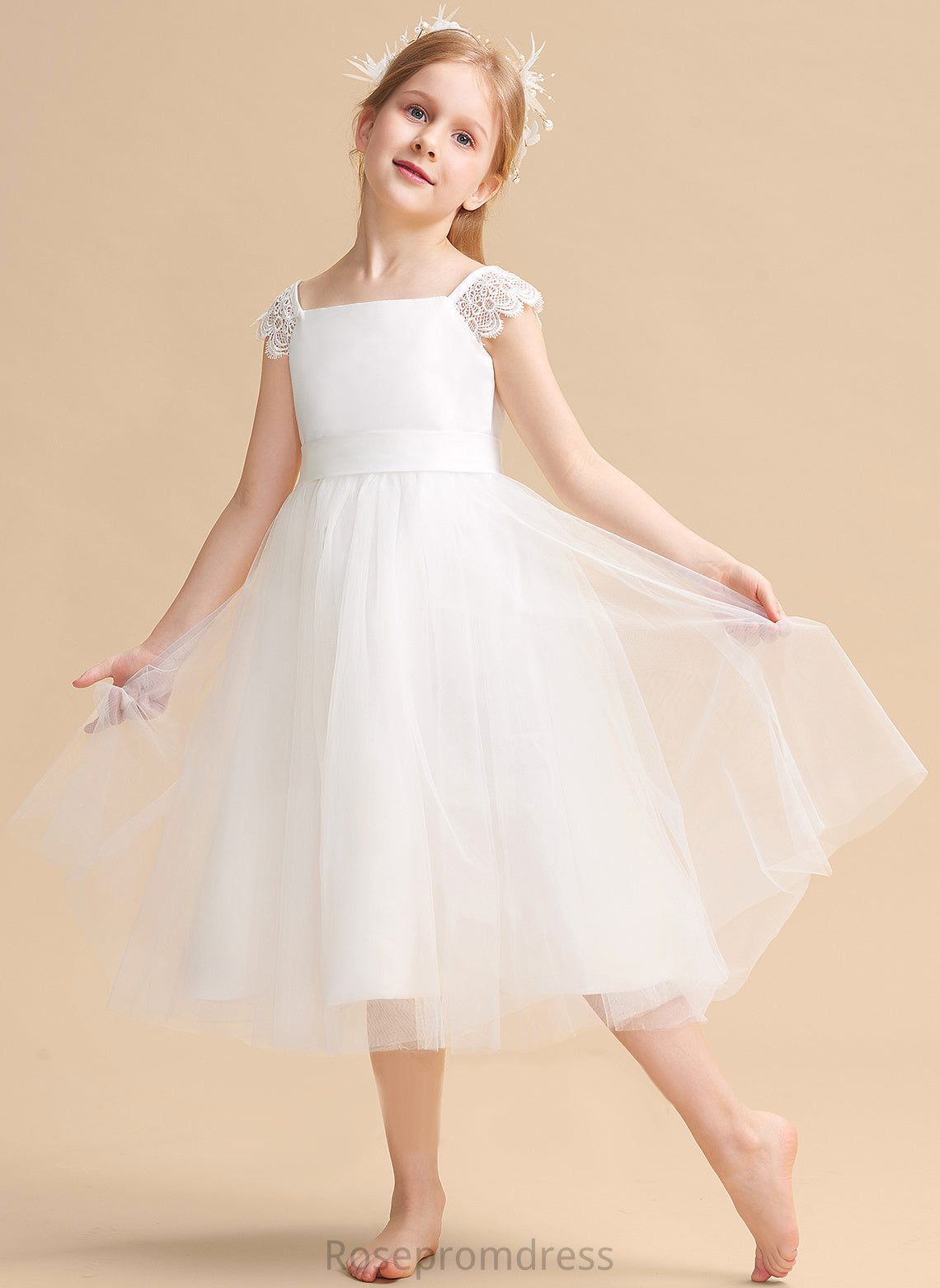 Neckline Flower Lace/Sash Sleeveless Dress Flower Girl Dresses Moriah Girl With - Square Tea-length Satin/Tulle A-Line